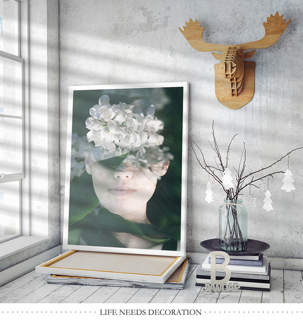 Białe kwiaty - Moda piękna kobieta - Portretowe malarstwo płótno - Plakaty nordycki - Kwiatowy w kształcie pióra - Ozdoby do dekoracji wnętrz - Wianko - 3