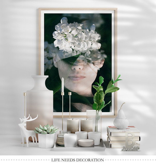 Białe kwiaty - Moda piękna kobieta - Portretowe malarstwo płótno - Plakaty nordycki - Kwiatowy w kształcie pióra - Ozdoby do dekoracji wnętrz - Wianko - 4