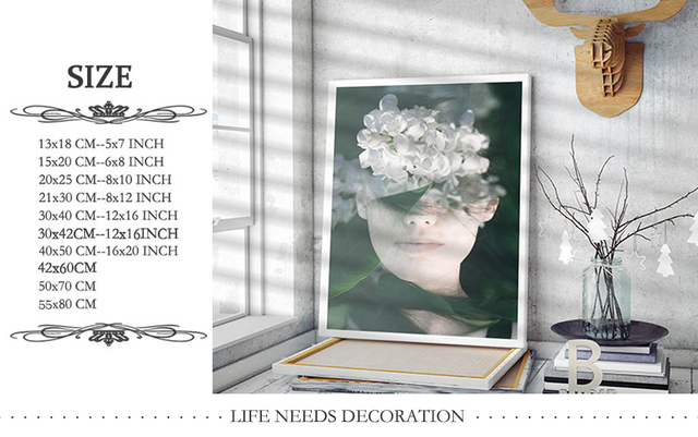 Białe kwiaty - Moda piękna kobieta - Portretowe malarstwo płótno - Plakaty nordycki - Kwiatowy w kształcie pióra - Ozdoby do dekoracji wnętrz - Wianko - 1