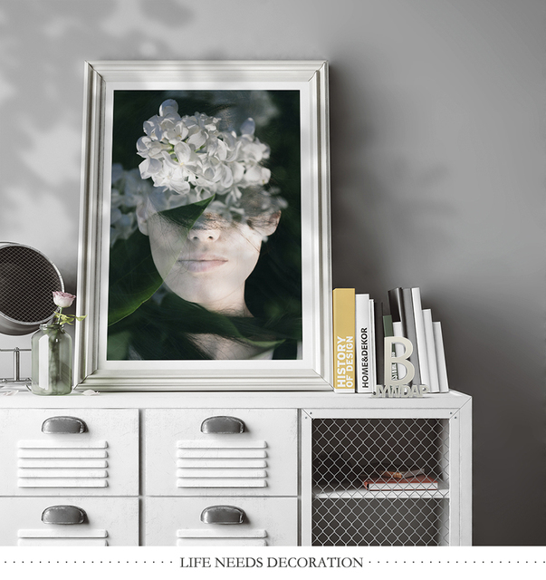 Białe kwiaty - Moda piękna kobieta - Portretowe malarstwo płótno - Plakaty nordycki - Kwiatowy w kształcie pióra - Ozdoby do dekoracji wnętrz - Wianko - 7