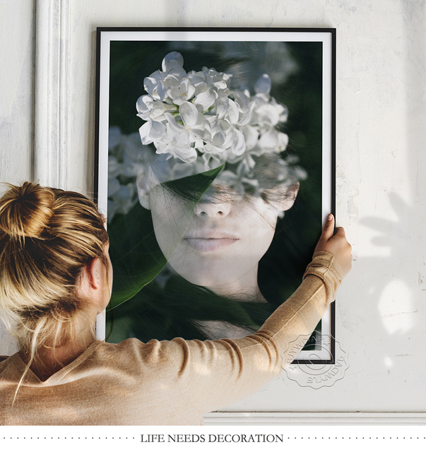 Białe kwiaty - Moda piękna kobieta - Portretowe malarstwo płótno - Plakaty nordycki - Kwiatowy w kształcie pióra - Ozdoby do dekoracji wnętrz - Wianko - 5