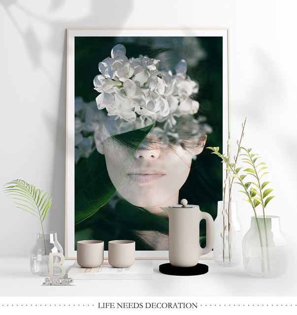 Białe kwiaty - Moda piękna kobieta - Portretowe malarstwo płótno - Plakaty nordycki - Kwiatowy w kształcie pióra - Ozdoby do dekoracji wnętrz - Wianko - 2