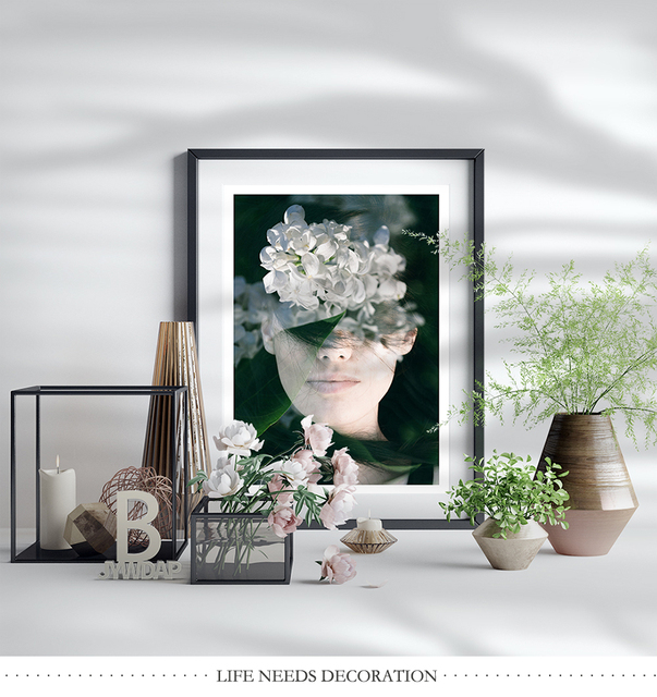 Białe kwiaty - Moda piękna kobieta - Portretowe malarstwo płótno - Plakaty nordycki - Kwiatowy w kształcie pióra - Ozdoby do dekoracji wnętrz - Wianko - 6