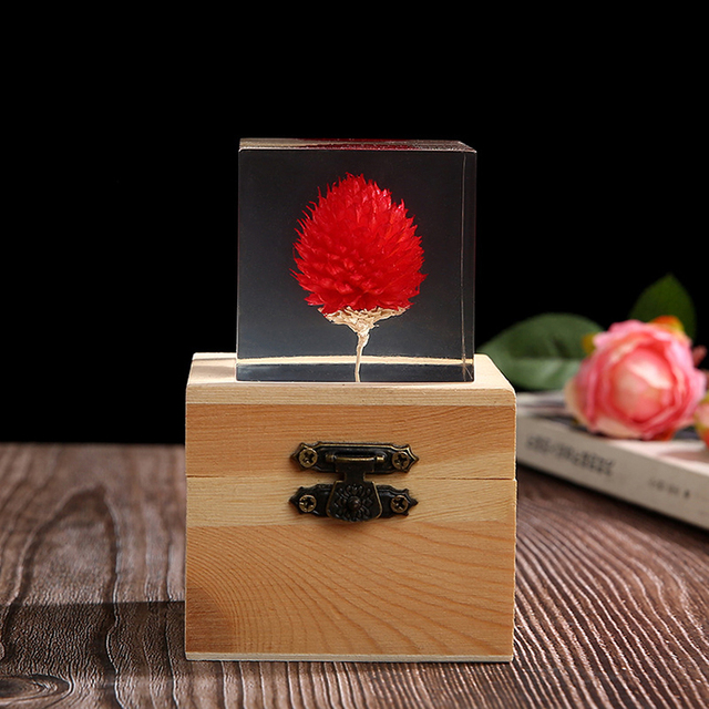 Figurka Róży z żywicy Daisy Cube - kryształowy dmuchawiec w naturalnym wzorze roślin, prezent świąteczny z drewnianym pudełkiem - Wianko - 6