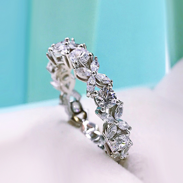 Pierścionek kwiatowy z cyrkonem: OEVAS, srebro 925, iskrzący, wysokiej jakości diament, zaręczyny, biżuteria ślubna - Wianko - 2