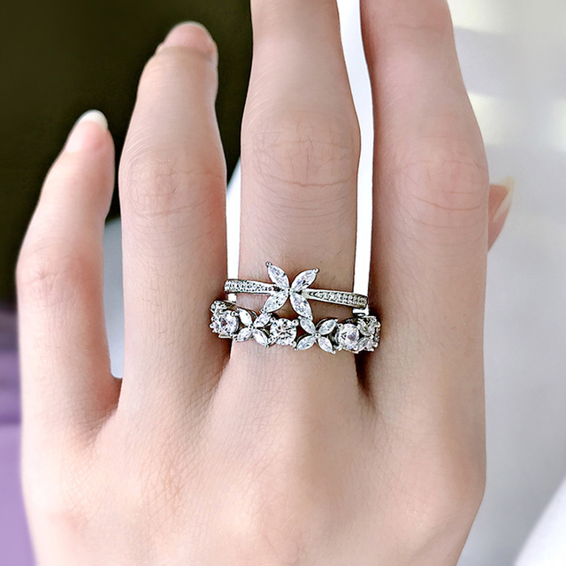 Pierścionek kwiatowy z cyrkonem: OEVAS, srebro 925, iskrzący, wysokiej jakości diament, zaręczyny, biżuteria ślubna - Wianko - 6