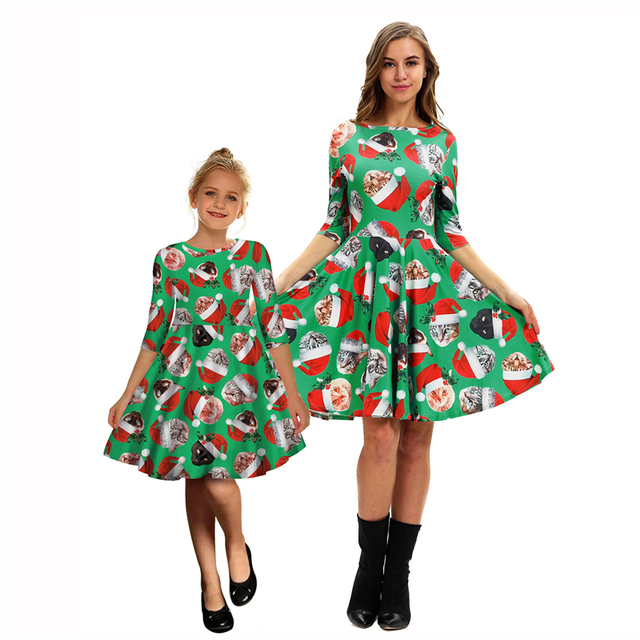 Rodzinny jesienno-zimowy strój z nadrukiem kota - sukienka dla matki i córki oraz ubrania domowe dla dziecka, rękaw średniej długości - Wianko - 34