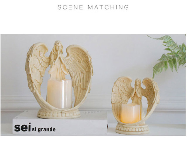 Świecznik z elektroniczną świecą w stojaku - dekoracyjny element do domu, hotelu, kościoła, o motywie anioła, nawiązujący do retro stylu, idealny na wesele i inne uroczystości religijne - Wianko - 9