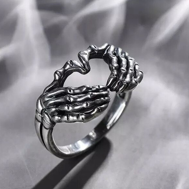 Pierścionek serce w antycznym srebrnym kolorze z punkowymi, gotyckimi pierścieniami - biżuteria dla par na Halloween - Wianko - 95