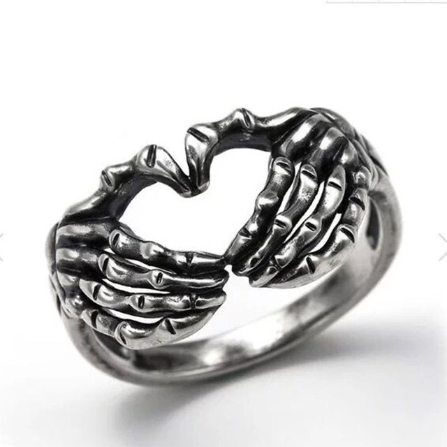 Pierścionek serce w antycznym srebrnym kolorze z punkowymi, gotyckimi pierścieniami - biżuteria dla par na Halloween - Wianko - 94