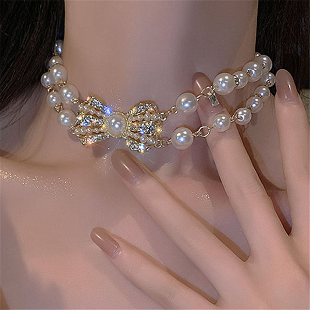 Nowoczesny naszyjnik z kokardą i perłą, ozdobiony cyrkoniami, dla eleganckiej kobiety na wesele - biżuteryjny prezent - Wianko - 41