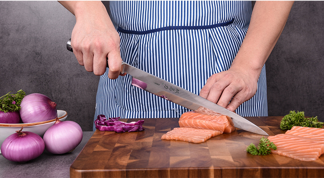 Japoński Sashimi nóż kuchenny IK 9 o długości 10, 11 cali z ostrzem ze stali nierdzewnej 5Cr15, rękojeść z ABS do filetowania łososia i krojenia sushi - Wianko - 9