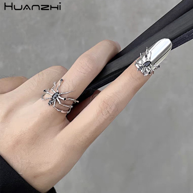 Pierścionek palcowy z retro pająka HUANZHI 2021, ozdobiony cyrkoniami, w stylu gotyckim - Wianko - 2