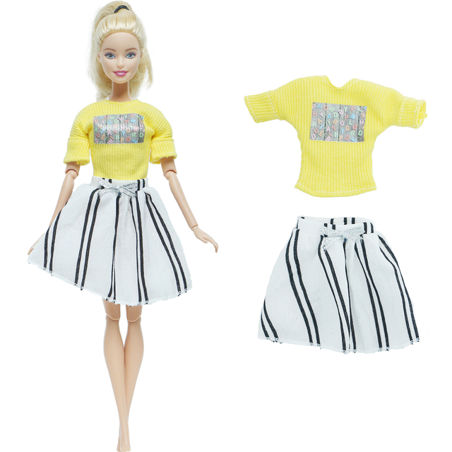 Rozbudowane zdanie ze skróconym tytułem: Strój lalki - letnia sukienka żółty T-shirt + paski Mini spódnica - dla Barbie, ubrania na co dzień, akcesoria dla lalek, zabawka dla dzieciFinalny tytuł po polsku: Strój lalki letnia sukienka żółty T-shirt + paski Mini spódnica Barbie - Wianko - 2