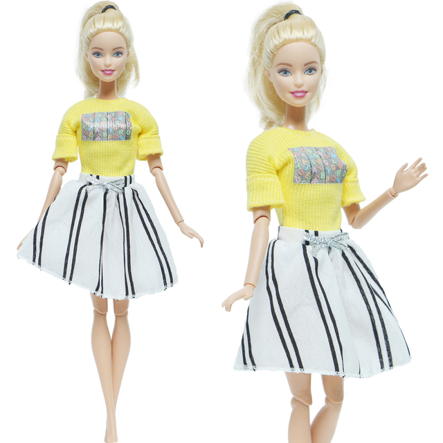 Rozbudowane zdanie ze skróconym tytułem: Strój lalki - letnia sukienka żółty T-shirt + paski Mini spódnica - dla Barbie, ubrania na co dzień, akcesoria dla lalek, zabawka dla dzieciFinalny tytuł po polsku: Strój lalki letnia sukienka żółty T-shirt + paski Mini spódnica Barbie - Wianko - 1