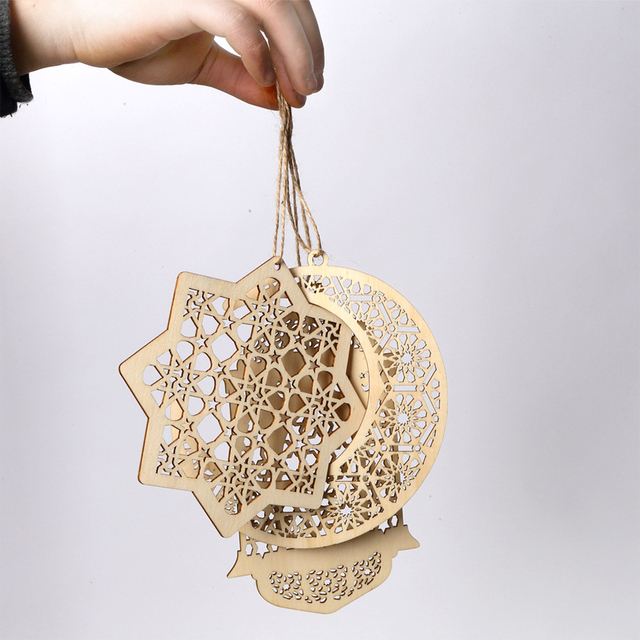 Naszyjnik dekoracyjny na Ramadan - drewniany w kształcie księżyca, gwiazdy i latarni - Wianko - 3