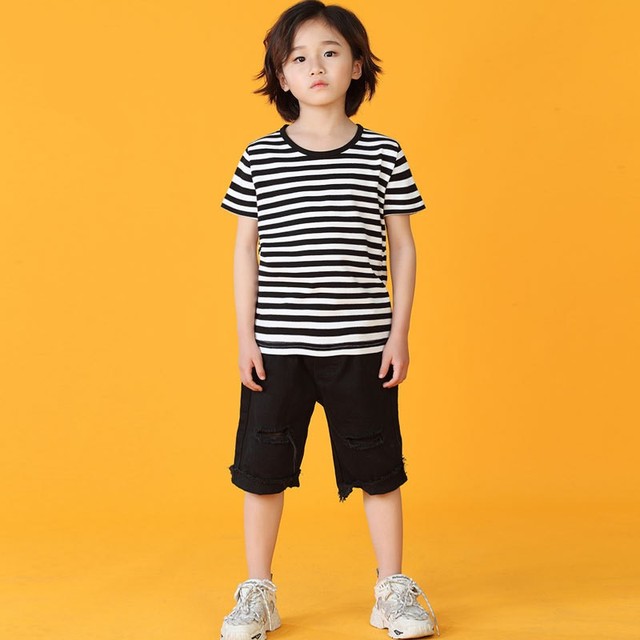 Letnia unisexowa koszulka dla dzieci w paski czarno-białe, bawełniane, dostępna dla dzieci w wieku 2-10 lat KT174001 - Wianko - 3