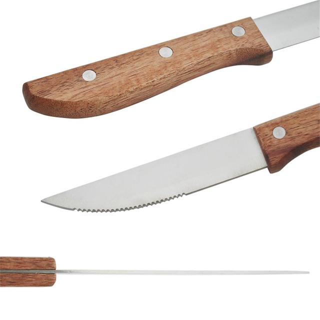 Komplet 2-10 noży do steków z drewnianą rękojeścią, ostrzem ząbkowanym i długością ostrza 10 cali - Wianko - 15