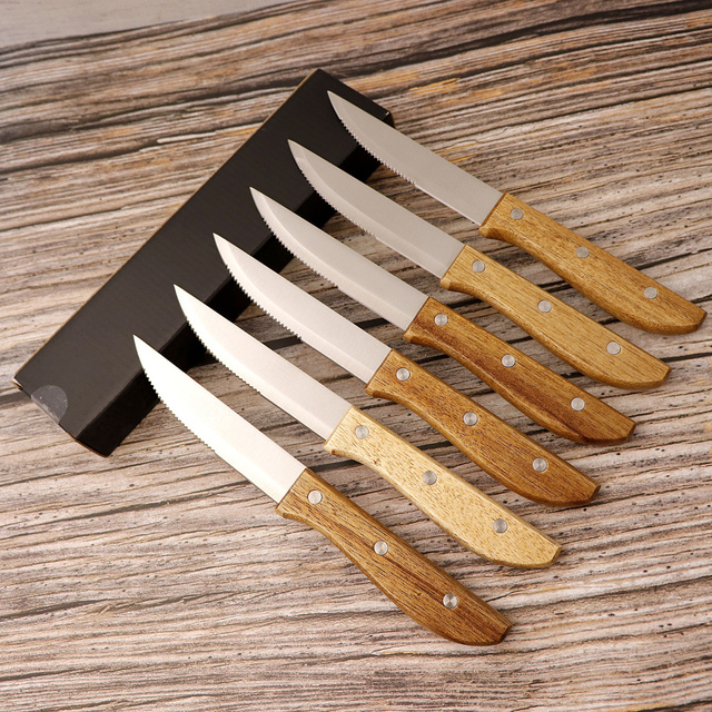 Komplet 2-10 noży do steków z drewnianą rękojeścią, ostrzem ząbkowanym i długością ostrza 10 cali - Wianko - 16