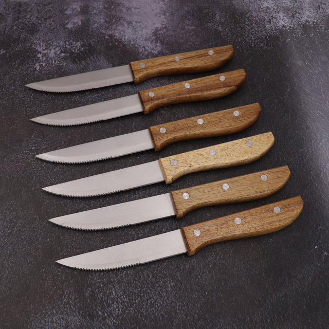 Komplet 2-10 noży do steków z drewnianą rękojeścią, ostrzem ząbkowanym i długością ostrza 10 cali - Wianko - 17