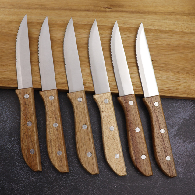 Komplet 2-10 noży do steków z drewnianą rękojeścią, ostrzem ząbkowanym i długością ostrza 10 cali - Wianko - 12