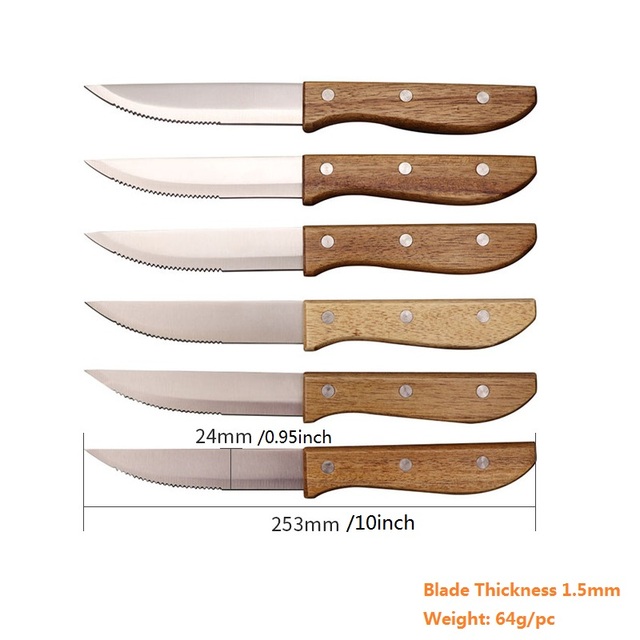 Komplet 2-10 noży do steków z drewnianą rękojeścią, ostrzem ząbkowanym i długością ostrza 10 cali - Wianko - 14