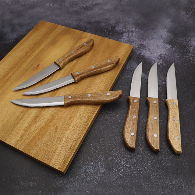 Komplet 2-10 noży do steków z drewnianą rękojeścią, ostrzem ząbkowanym i długością ostrza 10 cali - Wianko - 20