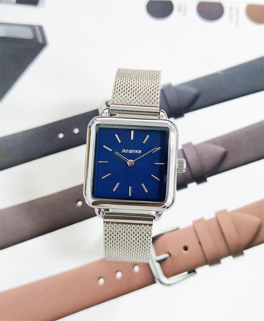 Srebrny kwadratowy wąski zegarek damski, wodoodporna stal nierdzewna, siatkowa opaska, kwarcowy mechanizm, niebieska tarcza - Wianko - 4