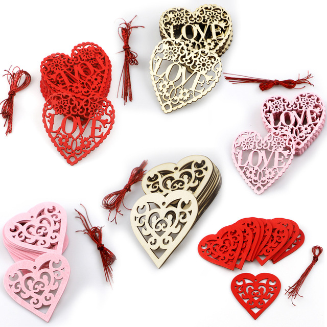 10 drewnianych ozdób w kształcie serca - wiszące tagi Love Heart do dekoracji na Walentynki i śluby - Wianko - 1