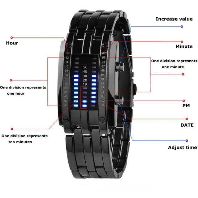 Zegarek męski Lava - wodoodporny 50m, dwurzędowy LED, stalowy pasek, elektroniczny sportowy zegarek - Wianko - 5