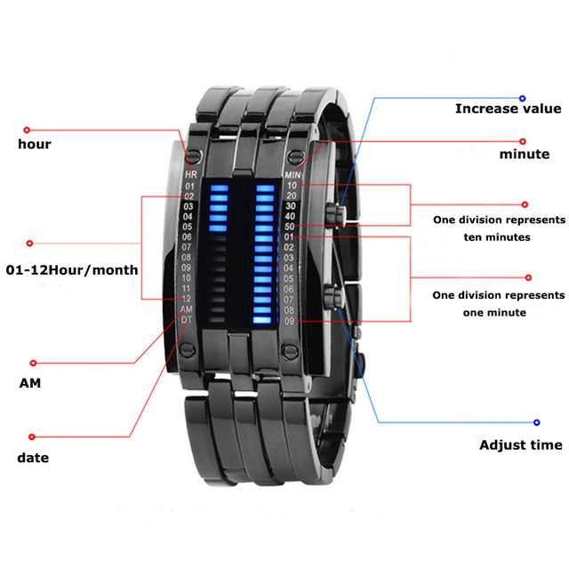 Zegarek męski Lava - wodoodporny 50m, dwurzędowy LED, stalowy pasek, elektroniczny sportowy zegarek - Wianko - 4