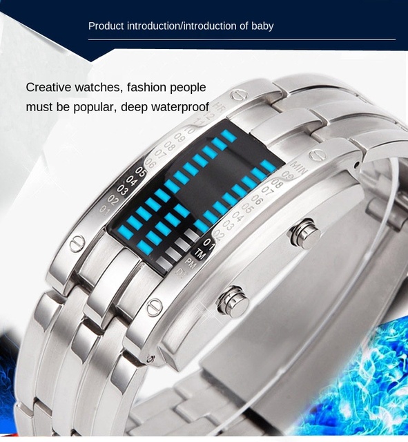 Zegarek męski Lava - wodoodporny 50m, dwurzędowy LED, stalowy pasek, elektroniczny sportowy zegarek - Wianko - 1