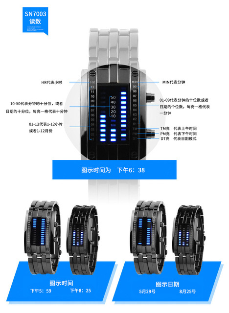 Zegarek męski Lava - wodoodporny 50m, dwurzędowy LED, stalowy pasek, elektroniczny sportowy zegarek - Wianko - 15