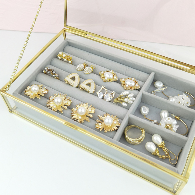 Skrzynka na biżuterię - metalowa, szklana, koronkowa, z aksamitną szufladą - Wianko - 4