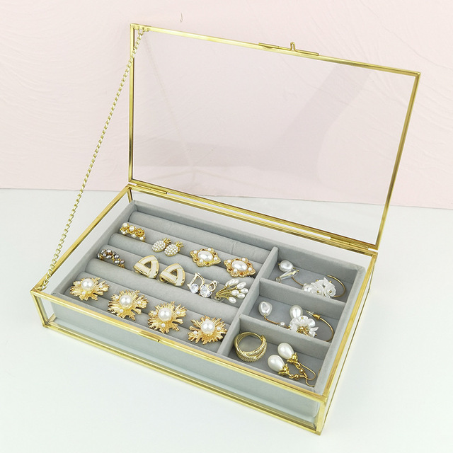 Skrzynka na biżuterię - metalowa, szklana, koronkowa, z aksamitną szufladą - Wianko - 2