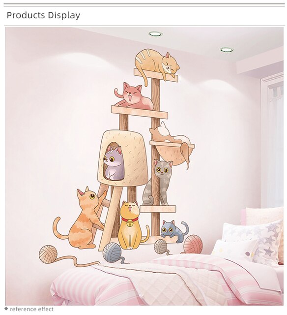 Naklejki ścienne [Shijuekongjian] dla dzieci - kreskówkowe koty na drewnianej półce - Wianko - 4