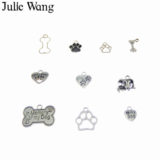 Naszyjnik Julie Wang z 10 sztukami mieszanych kości i śladami psich łapek w kolorze antycznego srebra - biżuteria z sercami - Wianko - 1