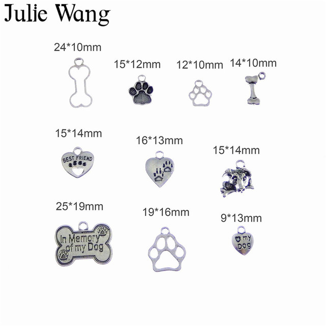 Naszyjnik Julie Wang z 10 sztukami mieszanych kości i śladami psich łapek w kolorze antycznego srebra - biżuteria z sercami - Wianko - 2