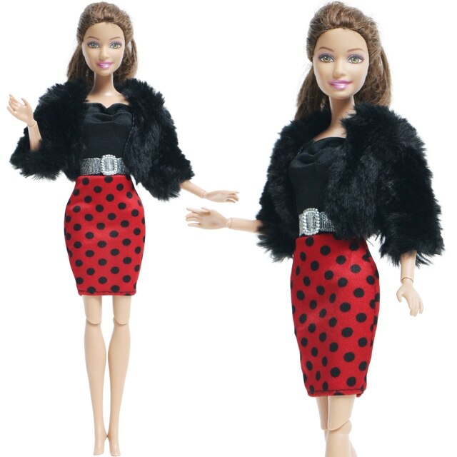 Zestaw strojów dla lalek: czarne futerko płaszcz i czerwona sukienka, idealne na obiadową imprezę lub bal - Wianko - 2