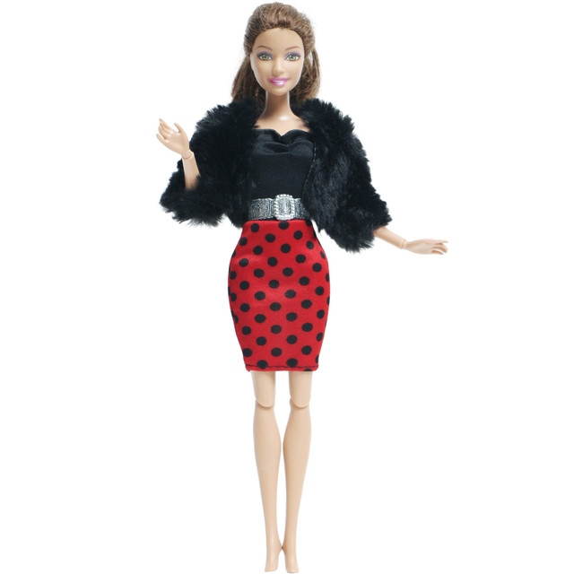 Zestaw strojów dla lalek: czarne futerko płaszcz i czerwona sukienka, idealne na obiadową imprezę lub bal - Wianko - 7