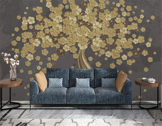 Tapeta ścieralna z motywem bogatego drzewa, idealna do luksusowego salonu. Złota linia tłoczona sofa - Wianko - 3