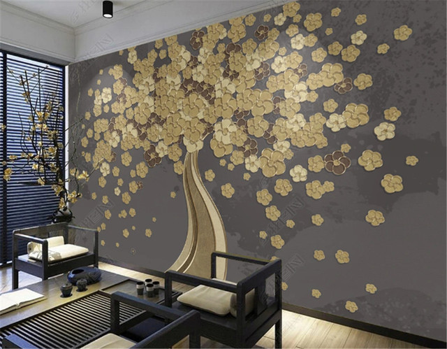 Tapeta ścieralna z motywem bogatego drzewa, idealna do luksusowego salonu. Złota linia tłoczona sofa - Wianko - 1