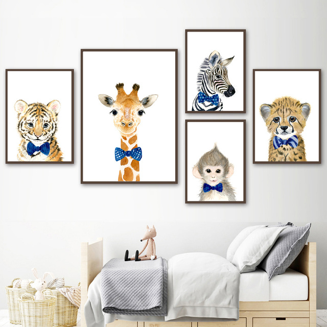 Malarstwo ścienne z postaciami zwierząt dla chłopca - żółw, żyrafa, małpa, lampart, lis, królik, słoń, zebra - Wianko - 2
