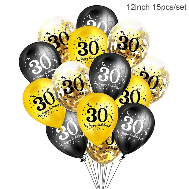 YORIWOO Balon z nadrukiem Happy Birthday 30th czarno-złoty 18-60 lat - Wianko - 1