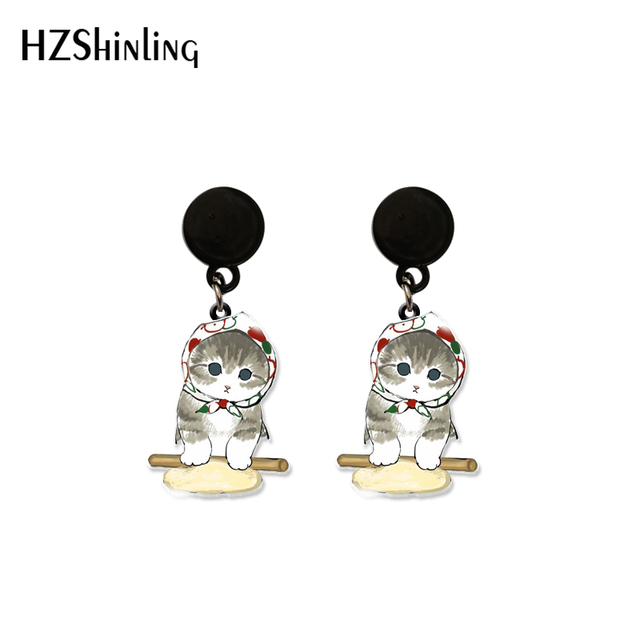 Kolczyki wiszące Cartoon Kawaii w kształcie śmiesznych kotów na rowerze, wykonane z żywicy i epoksydu - Wianko - 1