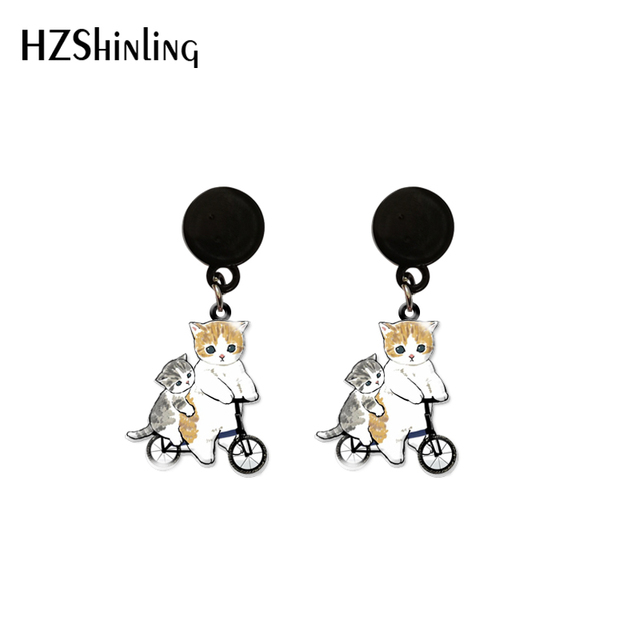 Kolczyki wiszące Cartoon Kawaii w kształcie śmiesznych kotów na rowerze, wykonane z żywicy i epoksydu - Wianko - 3