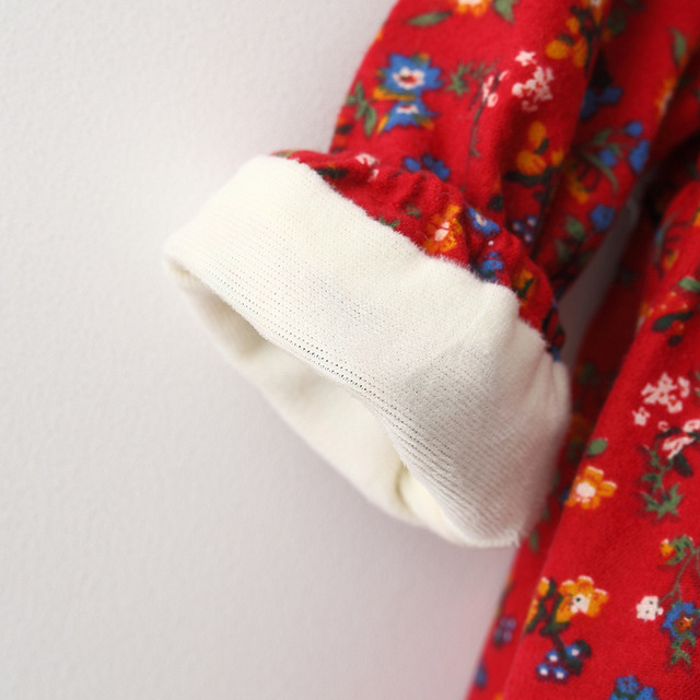 Zima - Noworodka dziewczynki ubrania kwiecista długa rękaw aksamitna ciepła sukienka - 1 rok urodziny sukienka z kokardą - Wianko - 2