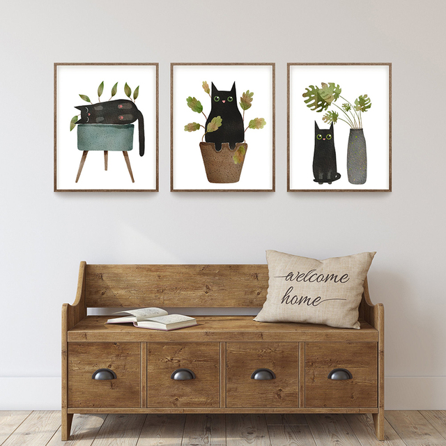 Malarstwo na płótnie Zabawny czarny kot i rośliny doniczkowe - plakat do dekoracji salonu - Wianko - 1
