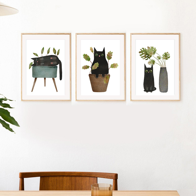 Malarstwo na płótnie Zabawny czarny kot i rośliny doniczkowe - plakat do dekoracji salonu - Wianko - 2