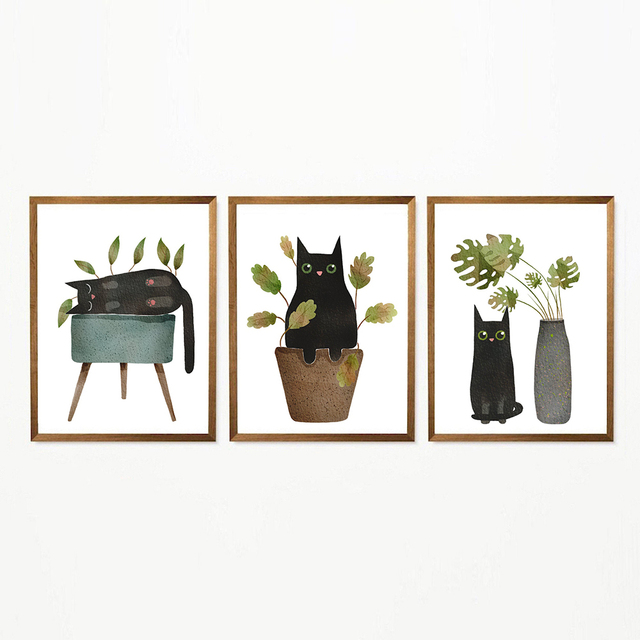 Malarstwo na płótnie Zabawny czarny kot i rośliny doniczkowe - plakat do dekoracji salonu - Wianko - 3